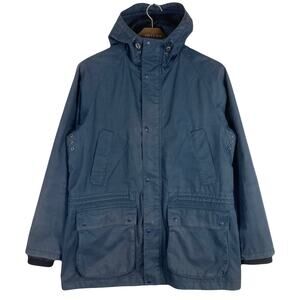 BARBOUR Jacket Men L Navy England Downpour-Style Waxed-Cotton Hoodie  Zip Lined